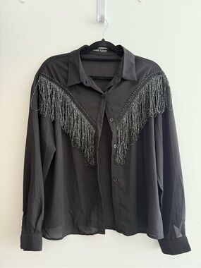 Black Fringe Button-Up Shirt